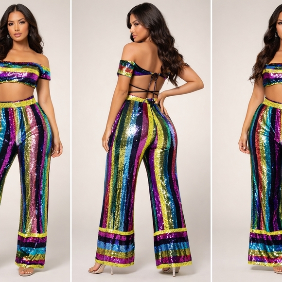 Fashion Nova Pants - BNWT‎ Fashion Nova Vibrant Sequin Wide Leg Jumpsuit Size Large